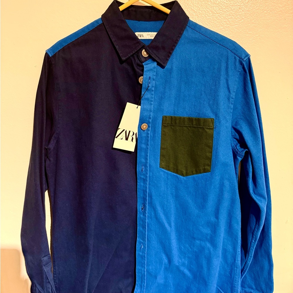 Zara Men's Denim Navy and Royal Blue Button Down Shirt